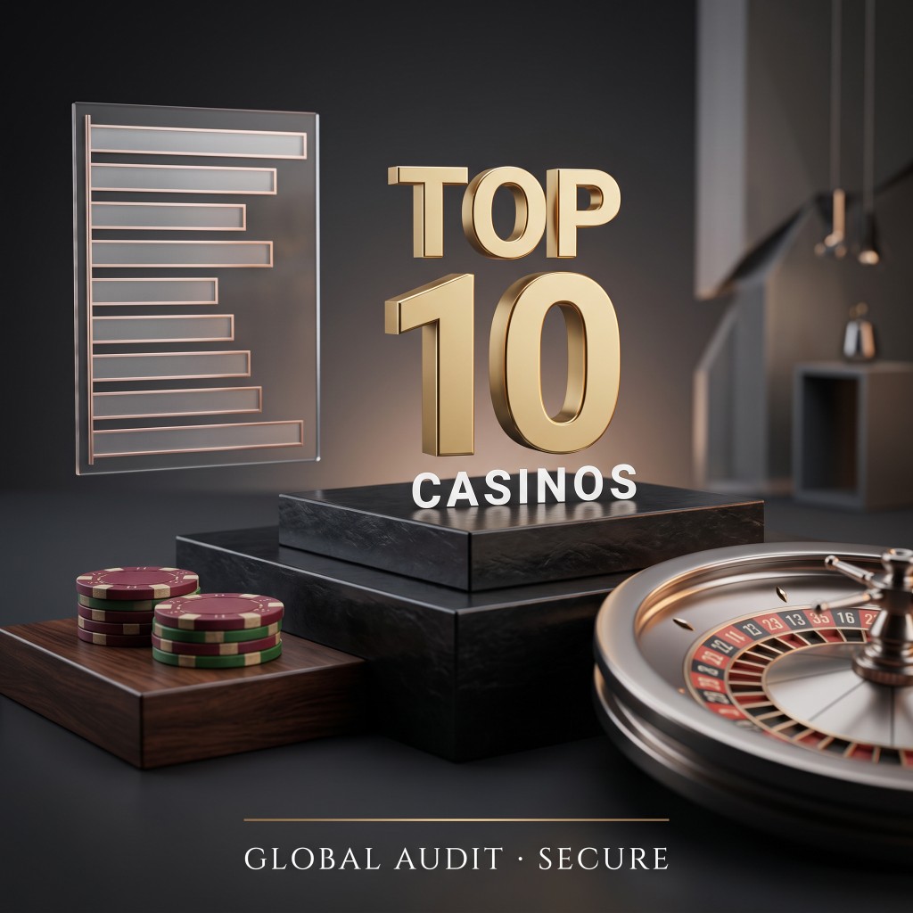 Gold Top 10 casinos display with a roulette wheel and stacks of chips
